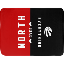 Load image into Gallery viewer, north over everything text with raptors logo printed on a bath mat FunkChez