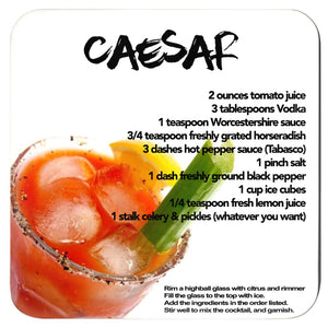 caesar cocktail recipe with image printed on a white coaster
