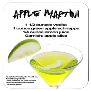 apple martini recipe with image printed on a white coaster