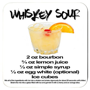 whiskey sour recipe printed on a white coaster