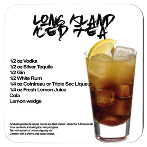 long island iced tea recipe with image of the cocktail printed on a white coaster 