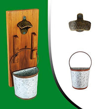 Load image into Gallery viewer, mounted wooden bottle opener with bucket and cheers logo