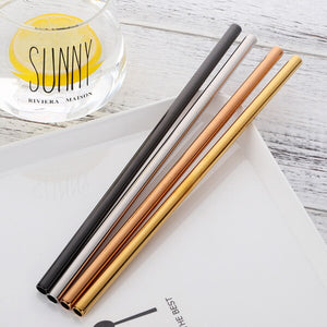 4 assorted stainless steel straws on a tray