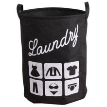 Load image into Gallery viewer, Quirky and fun black laundry basket with handle and pictures