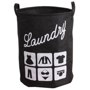 Quirky and fun black laundry basket with handle and pictures