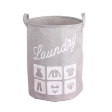 Load image into Gallery viewer, Quirky and fun grey laundry basket with handle and funny icons