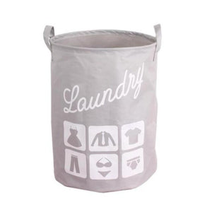 Quirky and fun grey laundry basket with handle and funny icons