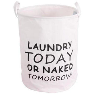 Quirky and fun white laundry basket with handle and funny quote