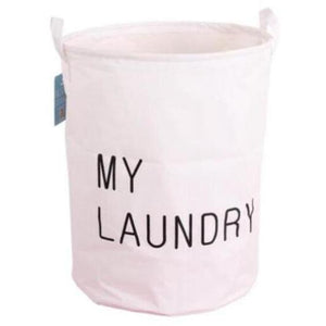 Quirky and fun white laundry basket with handle and "my laundry" quote