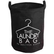Load image into Gallery viewer, Quirky and fun black laundry basket with handle and quote