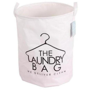 Quirky and fun white laundry basket with handle and design with quote