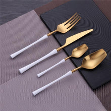 Load image into Gallery viewer, WHITE AND GOLD 4 PIECE CUTLERY ROYALTY SET