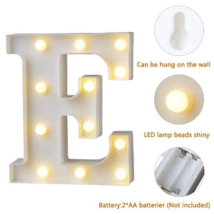 LETTER E LIT WITH BULBS AND SHOWING BATTERY SOURCE
