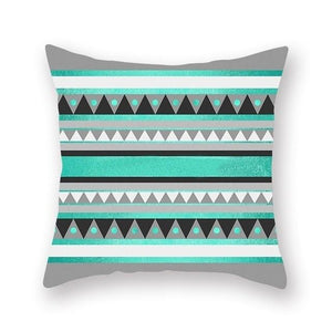 teal, black, white and grey in geometric designs cushion cover- FunkChez