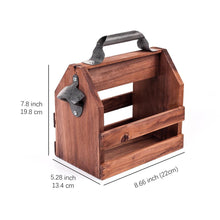 Load image into Gallery viewer, 6 beer bottle wooden caddy with bottle opener displaying measurements