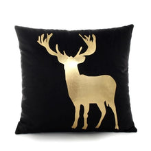 Load image into Gallery viewer, gold Reindeer image printed on a black throw cover