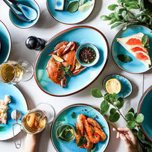 Load image into Gallery viewer, Fancy Unique Designer Styled Blue Dinnerware set with Bowls, plates, chopstick holder and tea and soup cup