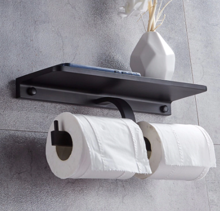 Black toilet paper holder with shelf