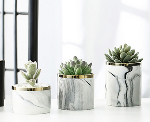 3 marble glazed planter pots without the iron stand placed on a table