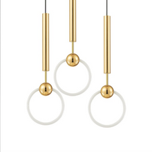 Load image into Gallery viewer, 3 prague pendant lights with gold cord and white round lights