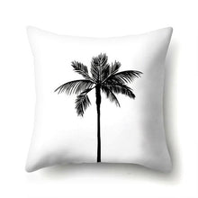 Load image into Gallery viewer, WHITE THROW COVER WITH BLACK PALM TREE PRINTED IN THE CENTER