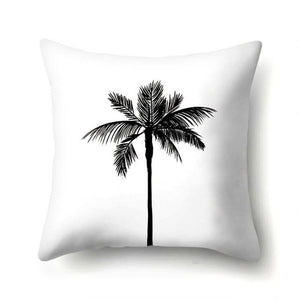 WHITE THROW COVER WITH BLACK PALM TREE PRINTED IN THE CENTER