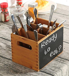 chalkboard wooden cutlery box with cutlery set on a table