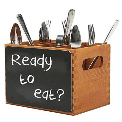 ready to eat written on the chalkboard wooden cutlery box with cutlery