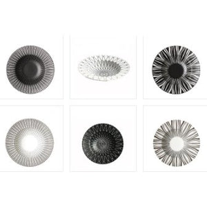 6 ASSORTED DINNERWARE PLATES FROM THE DEJAVU DEEP DISH COLLECTION IN BLACK AND WHITE PATTERNS