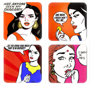 Desi indian women pop art coasters set of 4