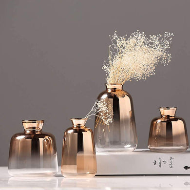 set of 4 elegant rose gold glass vases with decor
