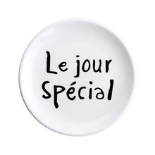 Load image into Gallery viewer, le jour special printed in black on a white ceramic plate