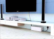 Load image into Gallery viewer, Connexion box organizer under TV unit with cables running through 