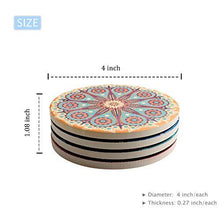Load image into Gallery viewer, 4 funky indian coasters with abstract designs and size specifications