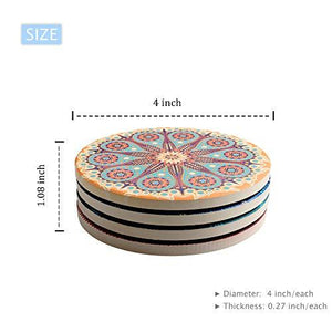 4 funky indian coasters with abstract designs and size specifications