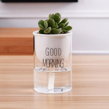 Load image into Gallery viewer, self watering planter with a plant and the words &#39;good morning&#39; printed on the glass in black