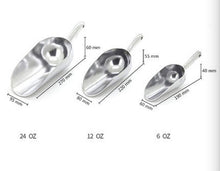 Load image into Gallery viewer, 3 silver coloured ice scoopers in different sizes with specifications
