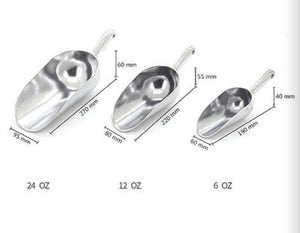 3 silver coloured ice scoopers in different sizes with specifications