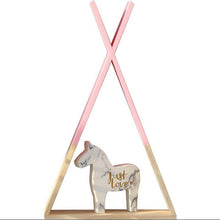 Load image into Gallery viewer, PINK AND WOOD KIENNE WALL RACK WITH A PONY FIGURINE IN IT