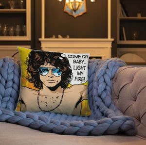 come on baby light my fire jim morrison throw pillow placed on a purple woollen throw lying on a brown couch
