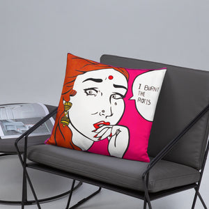 funny design and text of an indian girl throw pillow placed on a bench FunkChez