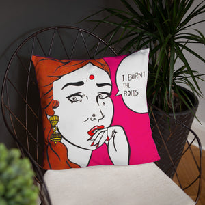funny design and text of an indian girl throw pillow placed on a couch FunkChez