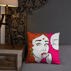 funny design and text of an indian girl throw pillow placed on a couch FunkChez