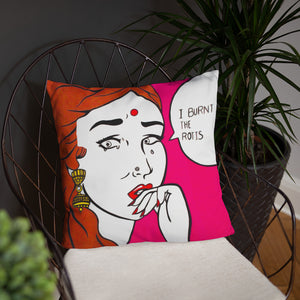 funny design and text of an indian girl throw pillow placed on a chair FunkChez