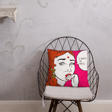 Load image into Gallery viewer, funny design and text of an indian girl throw pillow placed on a chair FunkChez