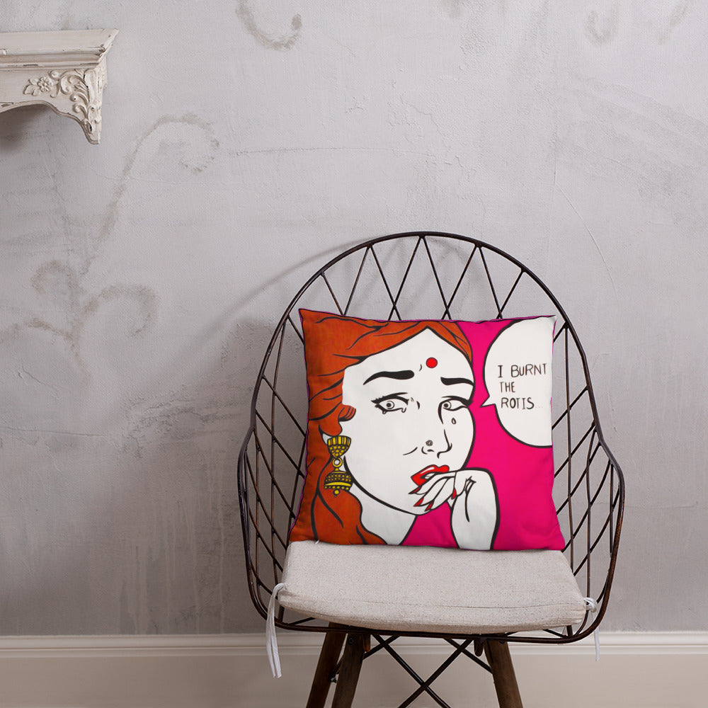 funny design and text of an indian girl throw pillow placed on a chair FunkChez