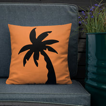 Load image into Gallery viewer, orange colour cushion cover with a black palm tree print placed on a couch FunkChez
