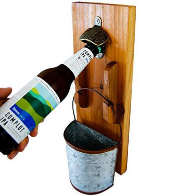 Mounted wooden rustic beer bottle opener displaying a beer bottle and a bucket
