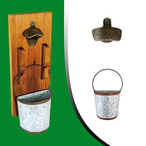 mounted wooden bottle opener with bucket and cheers logo