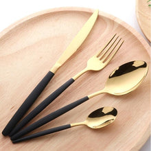 Load image into Gallery viewer, black and gold cutlery set of 4 utensils